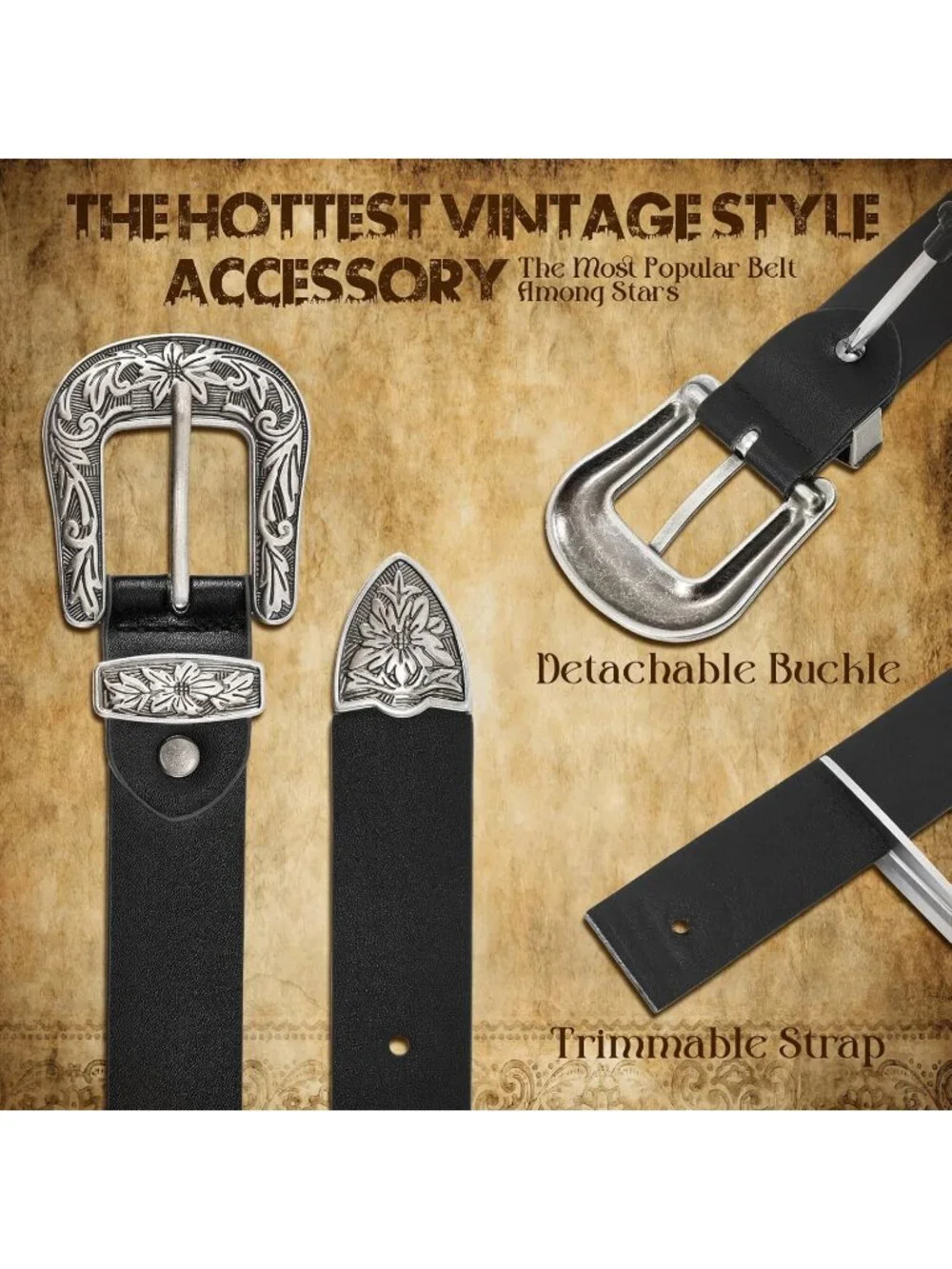 Women's A-black Leather Belts Vintage Western Design Silver Buckle Waist Belt